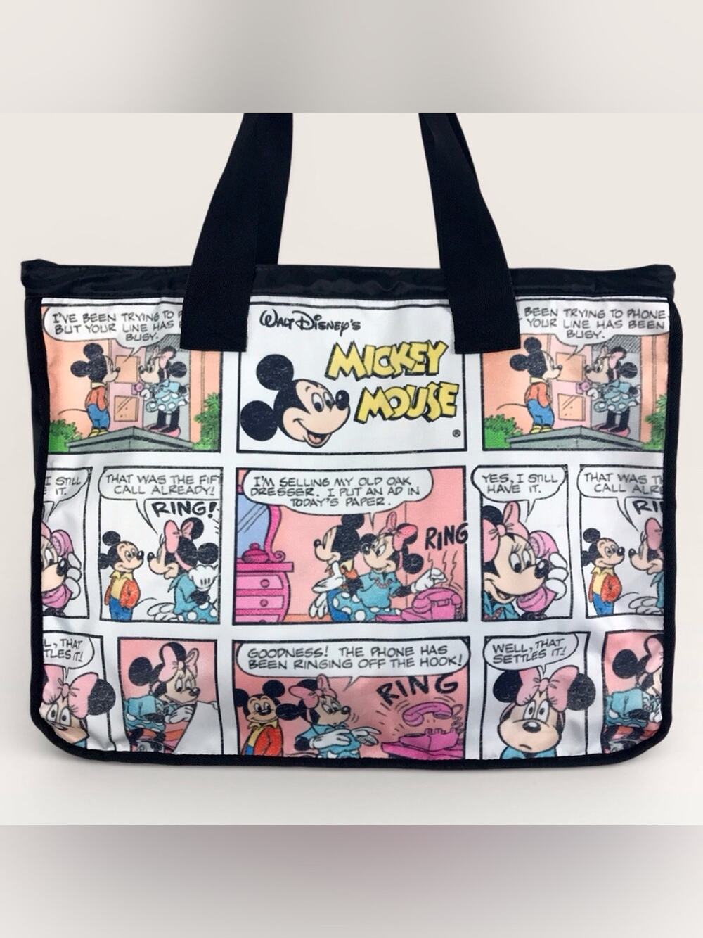 Disney Mickey & Minnie Mouse Comic Strip Tote Bag Black Trim Retro Style Large